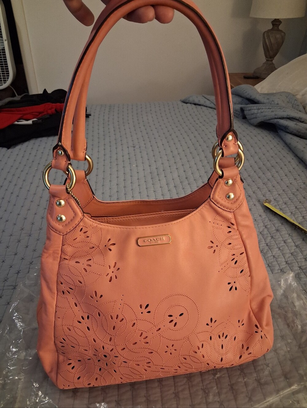 Coach Coral Laser-Cut Leather Shoulder Bag with Gold Hardware